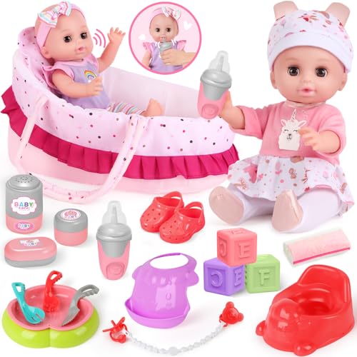 YOOHBERRYS Puppenset Kinder Spielzeug, 30cm Babypuppe Spielset, Spielpuppe Puppe mit Kleidung und Zubehör, Puppenbett, Puppentrage, Schnuller, Töpfchen, Flasche, Weihnachten Geburtstag Geschenk von YOOHBERRYS