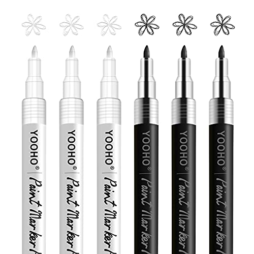 YOOHO Weiß Schwarz Acrylstifte Marker Stifte Wasserfest, 0.7 mm Dünner Spitze Feine Set für Steine Holz Leinwand Glas Papier Leder Keramik DIY Zeichnung (3 weiße und 3 schwarze) von YOOHO