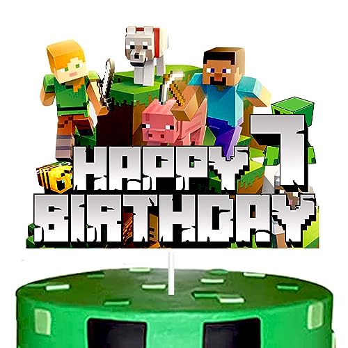 YOOYEH 1 Stück Minecraft Party Kuchen Topper, 3. Cartoon Film Themed Happy Birthday Party Supplies Dekorationen für Jungen Mädchen Dekorationen (7. Geburtstag) von YOOYEH
