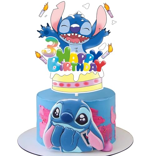 YOOYEH 3. Stich Party Kuchen Topper, Cartoon Film Themed Happy Birthday Party Supplies Dekorationen für Jungen Mädchen Dekorationen (3. Geburtstag) von YOOYEH