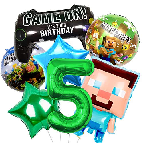 YOOYEH 7 Stück Minecraft-Folienballons, 1 Ballon der Zahl 5, 81,3 cm, Partyzubehör, Dekorationen für Jungen und Mädchen, Superhelden-Dekorationen (5. Generation) von YOOYEH