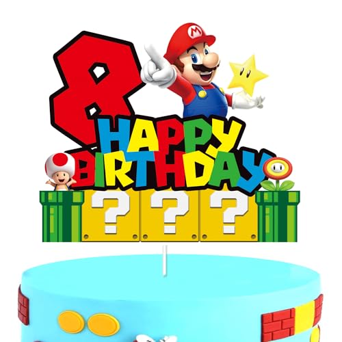 YOOYEH Mario-Party-Kuchenaufsatz, 3. Cartoon-Film-Thema, Happy Birthday, Partyzubehör, Dekorationen für Jungen und Mädchen, Dekorationen (8. Geburtstag) von YOOYEH