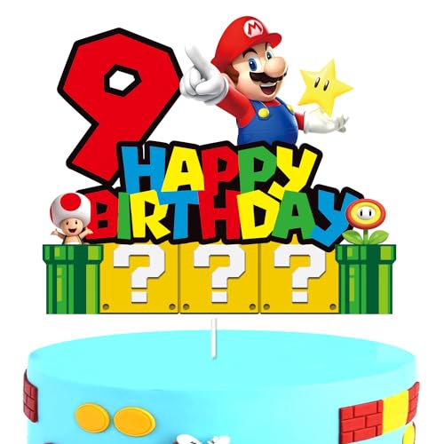 YOOYEH Mario-Party-Kuchenaufsatz, 3. Cartoon-Film-Thema, Happy Birthday, Partyzubehör, Dekorationen für Jungen und Mädchen, Dekorationen (9. Geburtstag) von YOOYEH