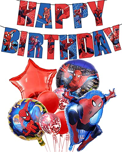 YOOYEH Spiderman Geburtstag Party Dekorationen, 1 Happy Birthday Banner 8 Luftballons Latex Folienballons Spiderman Geburtstag Party Dekoration Supplies für Jungen Mädchen von YOOYEH