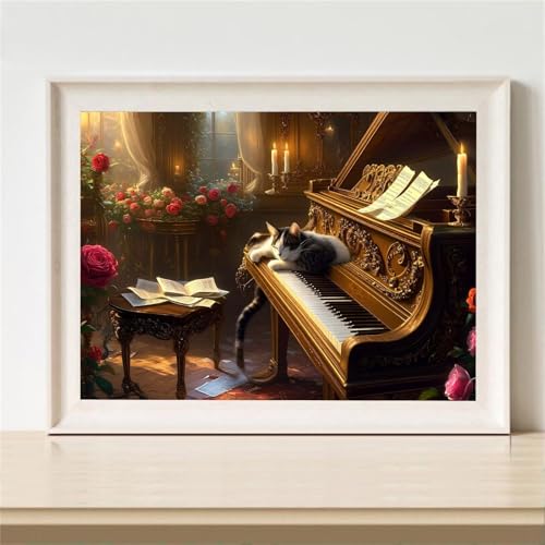 5D Diamond Painting Klavier Diamant Painting Bilder Katze Diamanten Malerei Stickerei Kreuzstich Set, DIY Vollbohrer Diamant Malerei Kinder Bastelset Mädchen Geschenke, für Haus Wanddeko 80x60cm M-639 von YOOYLLCY