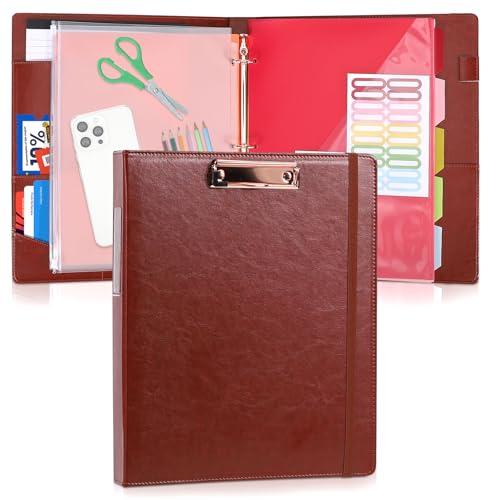 Ledermappe mit Klemmbrett, 2,5 cm, 33 x 27,9 cm, PU-Klemmbrett mit Notizblock, 5 Trennwände mit Taschen, abnehmbarer Ordner, Etiketten, ideal für Schule, Büro (passend für Briefpapier) von YOPCDJ