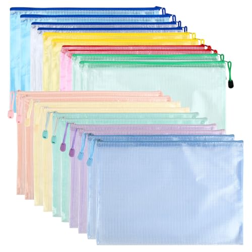 YOPEUC 20 Stück Mesh Kunststoff Dokumententasche A4,Dokumententasche A4 Reißverschluss,Mehrfarbe,Plastic Wallets File Bags für Schule Büro Reisen,Wasserdichte Mesh Bag 33,5 x 24cm von YOPEUC