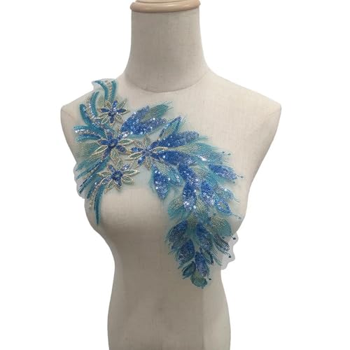 1 Stück goldfarbene schwarze Feder-Applikation mit Blumen-Aufnäher for Aufnähen – elegante Spitzen-Aufnäher for Kleidungszubehör(Lake blue) von YOPI