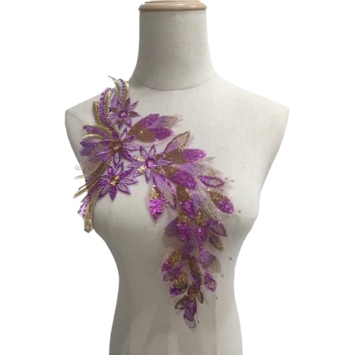 1 Stück goldfarbene schwarze Feder-Applikation mit Blumen-Aufnäher for Aufnähen – elegante Spitzen-Aufnäher for Kleidungszubehör(Light purple) von YOPI