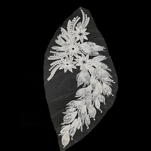1 Stück goldfarbene schwarze Feder-Applikation mit Blumen-Aufnäher for Aufnähen – elegante Spitzen-Aufnäher for Kleidungszubehör(Weiß) von YOPI