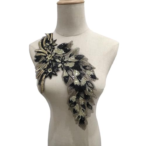 1 Stück goldfarbene schwarze Feder-Applikation mit Blumen-Aufnäher for Aufnähen – elegante Spitzen-Aufnäher for Kleidungszubehör(black) von YOPI