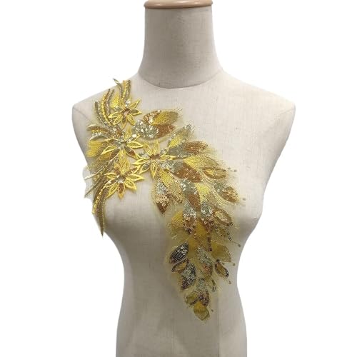 1 Stück goldfarbene schwarze Feder-Applikation mit Blumen-Aufnäher for Aufnähen – elegante Spitzen-Aufnäher for Kleidungszubehör(yellow) von YOPI