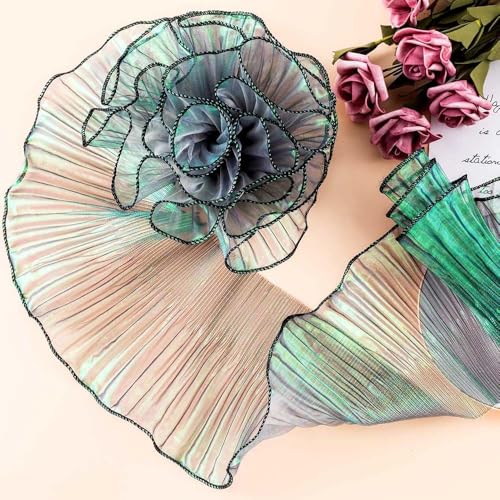 2 Yards gerüschter, plissierter Spitzenstoff mit Organza-Bordüre mit Farbverlauf for Nähen und Dekorieren(Dark Green) von YOPI