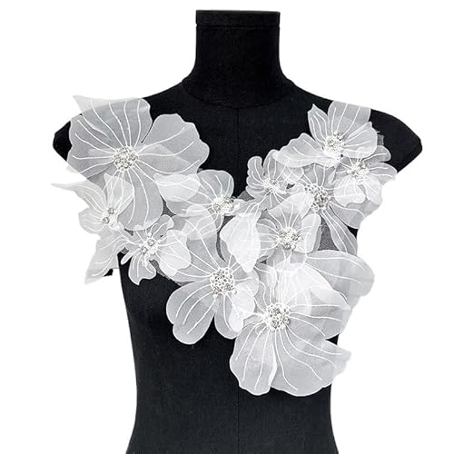 3D-Blumenquasten-Spitzenstoff-Applikationen zur Dekoration von Hochzeitskleidern – bestickter Netz-Aufnäher in Weiß, Schwarz und Grau(Color3) von YOPI