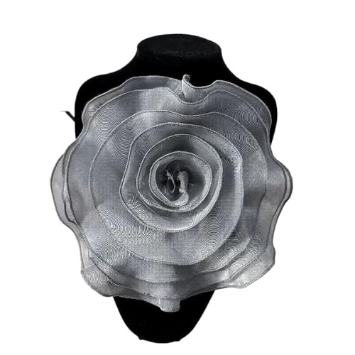 3D-Organza-Stoff, künstliche Rosenblumen, Aufnäher – 27 cm, Hochzeitskleid, Halsdekoration, DIY-Nähapplikation(Antique silver) von YOPI