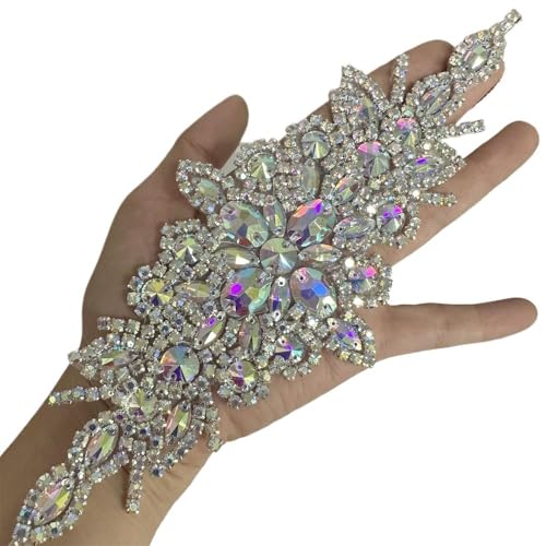 AB Silber Strass Blumen Applikation Patches - Aufbügeln/Aufnähen auf Hochzeitskleid Accessoires for Kleidung Dekoration(PEACOCK BLUE) von YOPI
