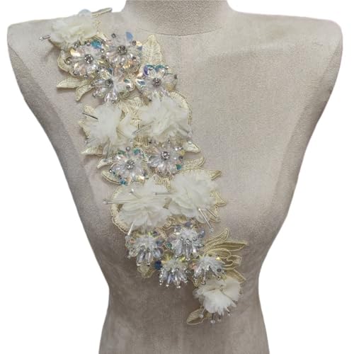 Dreidimensionale Blume Handgenähte Kristallorganzaspitze Damenbekleidung Kleiderzubehör(Beige) von YOPI
