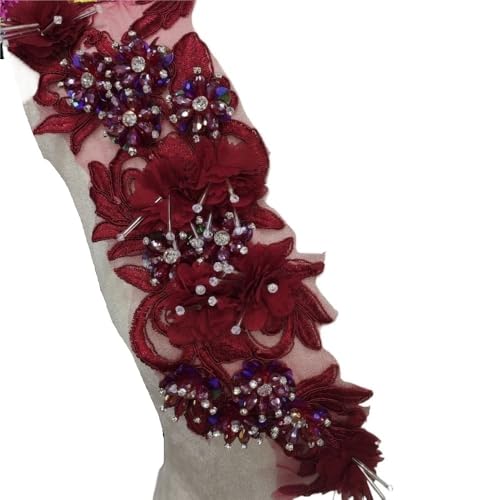 Dreidimensionale Blume Handgenähte Kristallorganzaspitze Damenbekleidung Kleiderzubehör(Maroonred) von YOPI