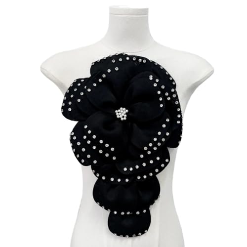 Handgefertigte mehrlagige Blumenbrosche aus Stoff for Damen – elegante Anstecknadel mit Kristallperlen for Hochzeits- und Partyaccessoires(black) von YOPI