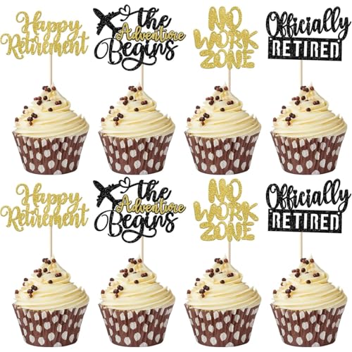 24Stk Happy Retirement Cake Topper, Black Gold Cake Topper, Ruhestand Thema, Cupcakes, Farewell Party Supplies, Black Gold Retirement Party Dekorationen von YORISMAL