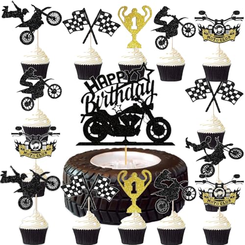 25Stk Motorrad Kuchen Dekorationen, Motorrad Party Dekoration Zubehör, Motorrad Geburtstag, Cupcakes, Geburtstag Party Zubehör, Gold Glitter Jungen Kuchen Dekorationen von YORISMAL