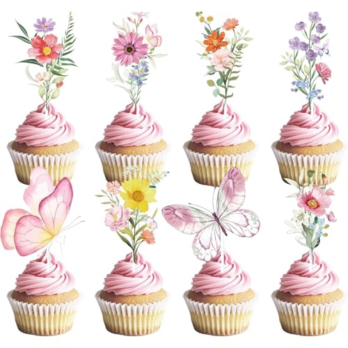 32Stk Wildflower Cake Toppers, Schmetterling Kuchen Toppers, Wildflower Schmetterling Party Dekoration Zubehör, Floral Geburtstagsparty, Baby Shower, Cupcakes von YORISMAL