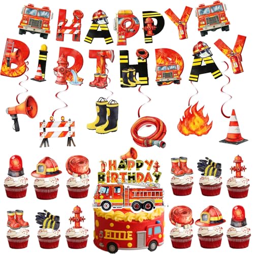 Feuerwehrwagen-Mottoparty-Dekoration Happy Birthday-Fahnen Banner-Anhänger Kuchen-Dekoration Party-Dekorationsartikel von YORISMAL