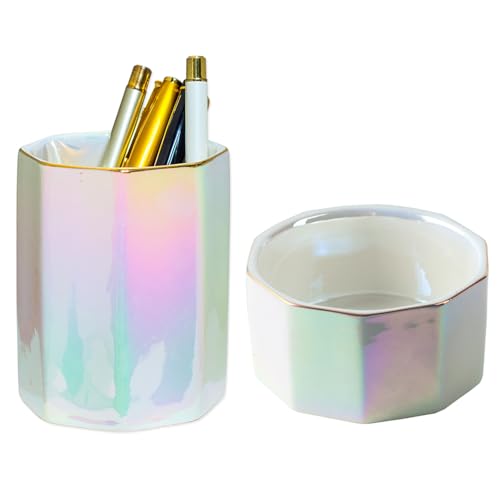 YOSCO Schreibtisch-Organizer für Büro, Stifthalter und Büroklammerhalter, Keramik, niedlicher Bleistiftbecher, Büroklammer-Spender für Schreibtisch, Make-up-Pinselhalter (Perle) von YOSCO