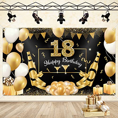 YOTANGO 18. Geburtstag Dekoration, 18. Geburtstag Banner Schwarz Gold, Deko 18. Geburtstag Mädchen, Banner 18. Geburtstag für Jungen Mädchen Geburtstag Party Wand Deko von YOTANGO