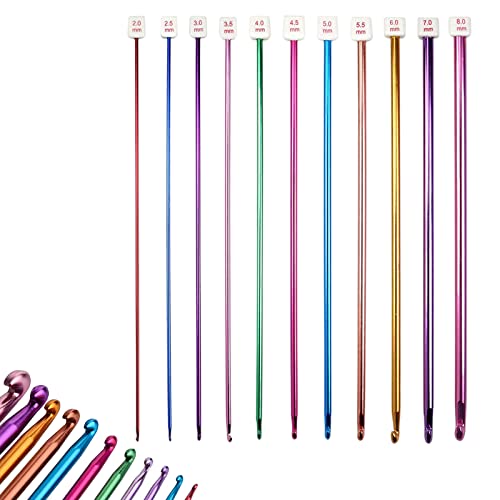 11Stück Häkelnadel Set,Aluminium Tunesische Häkelnadeln,Multicolor Afghanische Stricknadel Set für Anfänger und Zuhause (27 cm,2.0 mm bis 8.0 mm) von YOUDALIS