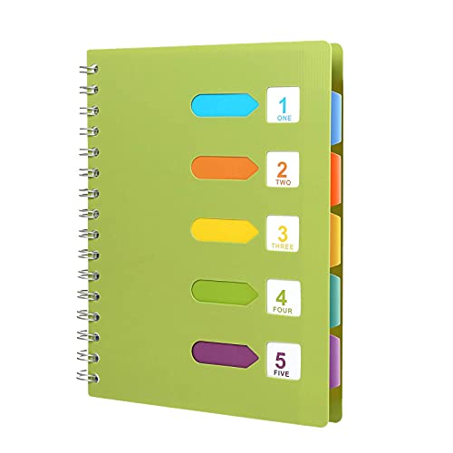 YOUDALIS A5 Notizbuch Register,Ringbuch Liniert Spiralblock mit 5 Index Fahnen,Notizblock Skizzenblock Tagebuch Gut für Memos,120 Blatt/240 Seiten (Grün) von YOUDALIS
