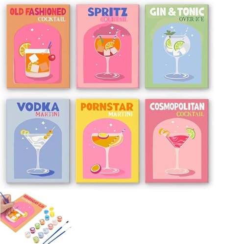 6 Stück Malen Nach Zahlen Cocktail Mit Keilrahmen,Mini Malen nach Zahlen 15x20 cm,Malen Nach Zahlen Erwachsene Moderne Bar-Mixologie-Kunst Serie für Erwachsene Und Anfänger Mit Pinsel Acrylfarben von YOUDRN