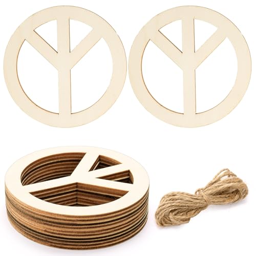 YOUEON Unlackiertes Friedenszeichen aus Holz mit Juteseil, 10,2 cm, runde Holzstücke, hängende Ornamente, Ausschnitte, blanko Holzscheiben für Party, DIY, Handwerk, 50 Stück von YOUEON