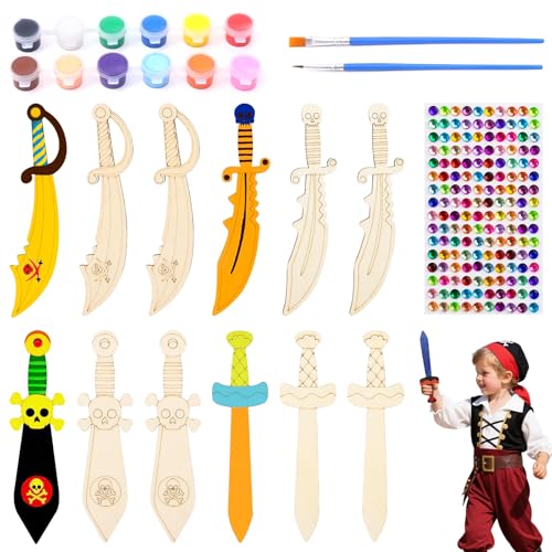 YOUNGSAY 12 Stk Piratenschwerter aus Holz, Piraten Schwert Kinder Holz mit 12 Acrylfarbe und Aufkleber, Piraten Schwert für Kinder Diy Malen Dekoration von YOUNGSAY