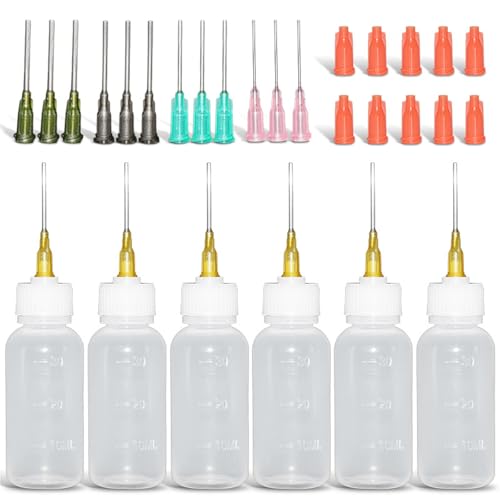 YOUNIEYO 6 Stück 30 ml Nadelflaschen-Applikator Präzisions-Nadelspitzen-Kleberflasche mit 18 feinen Nadeln und 10 Kappen für DIY Handwerk Nachfüllkleber Acrylfarbe Öl von YOUNIEYO
