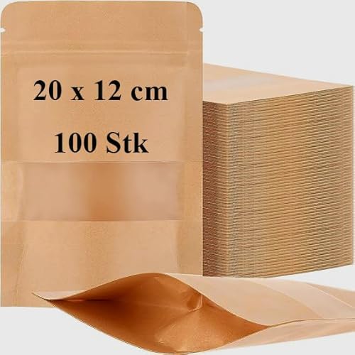 YOUNTHYE 100 Stück Kraftpapierbeutel 20x12x4cm Papiertüten mit Fenster Papierbeutel Braun Luftdicht Kraftpapiertüten Druckverschlussbeutel Verpackungstüten für Kaffee, Getrocknete, Teeblätter, Nüsse von YOUNTHYE