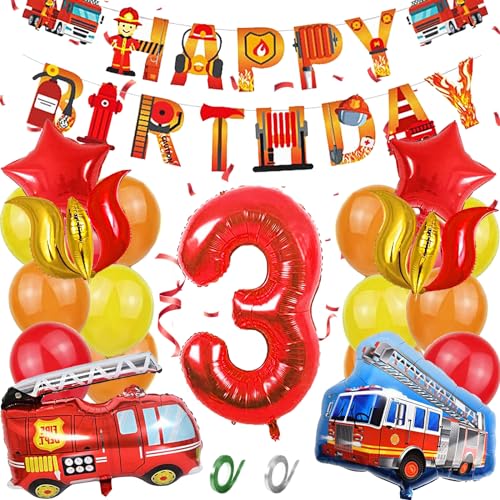 Feuerwehrauto 3 Geburtstag Luftballon, Feuerwehr Geburtstag Deko 3 Jahre Jungen, Kindergeburtstag Feuerwehrauto Deko, Feuerwehr Folienballon für 3 Jahre Kindergeburtstag Party Dekoration von YOUWOSHE