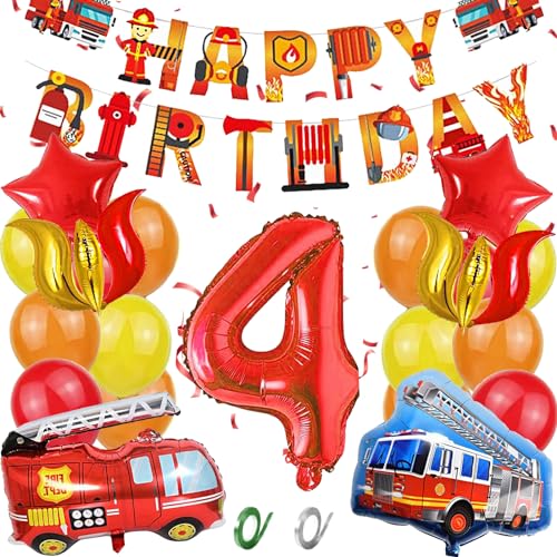 Feuerwehrauto 4 Geburtstag Luftballon, Feuerwehr Geburtstag Deko 4 Jahre Jungen, Kindergeburtstag Feuerwehrauto Deko, Feuerwehr Folienballon für 4 Jahre Kindergeburtstag Party Dekoration von YOUWOSHE