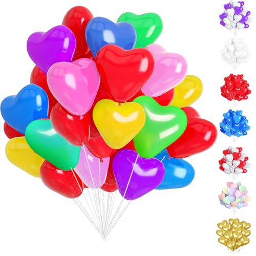 50 Stück Herzluftballons Bunt, 12 Zoll Herzluftballons, Helium Herzluftballons, Latex Ballons mit Herzform für Geburtstags Valentinstag Hochzeitsdeko Brautdusche Verlobung Party von YOUYIKE