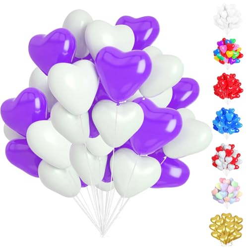 50 Stück Herzluftballons Lila Weiß, 12 Zoll Herzluftballons, Helium Herzluftballons, Latex Ballons mit Herzform für Geburtstags Valentinstag Hochzeitsdeko Brautdusche Verlobung Party von YOUYIKE