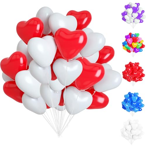 50 Stück Herzluftballons Rot Weiß, 12 Zoll Herzluftballons, Helium Herzluftballons, Latex Ballons mit Herzform für Geburtstags Valentinstag Hochzeitsdeko Brautdusche Verlobung Party von YOUYIKE