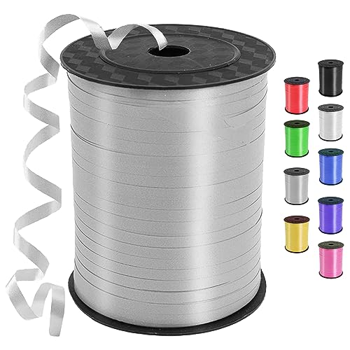 Geschenkband Silber, 450 Meter/ 500 Yard Schleifenband Silber, Ringelband, ballonband für Ballonverschlüsse, Weihnachten Neujahr Geschenkverpackung, Basteln, Partydeko, Hochzeitsdeko von YOUYIKE