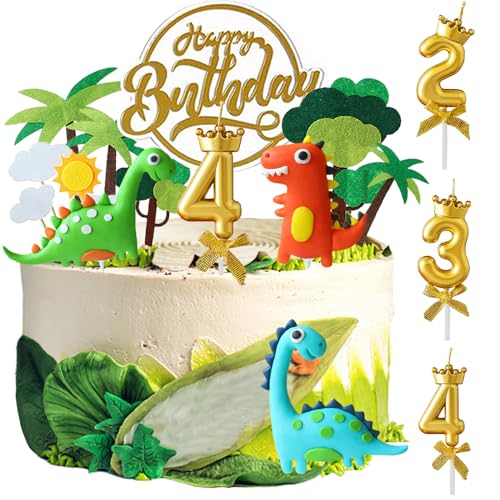 Kuchendeko Dinosaurier 4. Geburtstag, 14 Stück Dschungel Tortendeko Junge, Tortendeko Geburtstag, Dino Kuchen Deko, Cake Topper für 4 Jahr Kinder Party von YOUYIKE