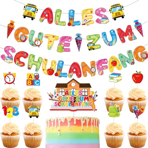 Schulanfang Tortendeko, 10 Pcs Cake Topper Einschulung, Kuchendeko Schulanfang, Cupcake Topper Schulkind Deko für Schulkind Junge Mädchen Geschenk Einschulung von YOUYIKE