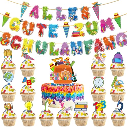 Schulanfang Tortendeko, 17 Pcs Cake Topper Einschulung, Kuchendeko Schulanfang, Cupcake Topper Schulkind Deko für Schulkind Junge Mädchen Geschenk Einschulung von YOUYIKE