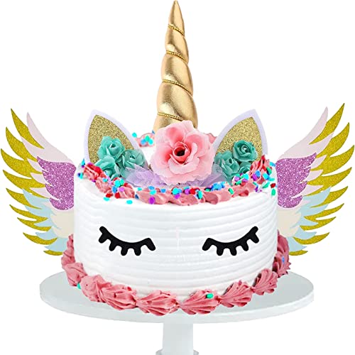 Einhorn Tortendeko, 3D Einhorn Kuchen Topper mit Flügeln, Einhorn Niedlich Horn Ohren und Wimpern Kuchen Torte Deko für Party Supplies Geburtstag Hochzeit Weihnachten von YOUYIKE