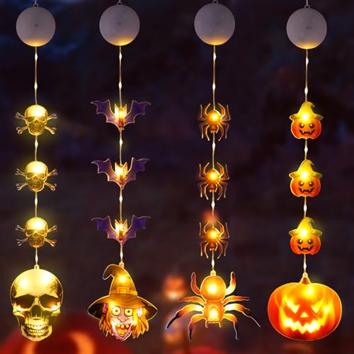 YOUYIKE 4 Stück Halloween Fensterdeko LED, Halloween Fenster Lichter, Saugnapf Hängende Hallowee Fensterlichter, Kürbis Spinne Hexe Schädel Fensterdeko Lichter, Batteriebetriebene für Fenster Deko YOUYIKE 4 Stück Halloween Fensterdeko LED, Halloween Fenster Lichter, Saugnapf Hängende Hallowee Fensterlichter, Kürbis Spinne Hexe Schädel Fensterdeko Lichter, Batteriebetriebene für Fenster Deko von YOUYIKE