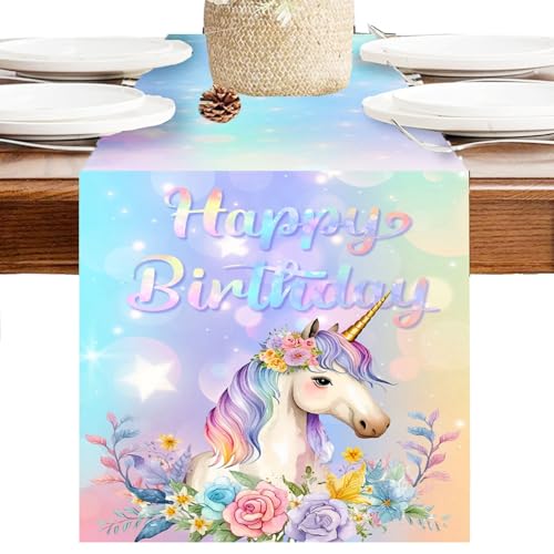 YOUYIKE Einhorn Tischläufer Geburtstag, 180 x 35 cm Happy Birthday Tischdecke Kindergeburtstag, Geburtstag Party Dekoration, Tischdeko Geburtstag für Tischläufer Geburtstag Mädchen von YOUYIKE