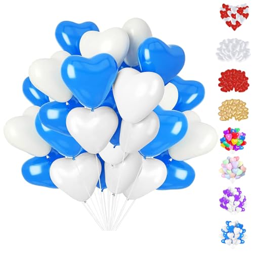 YOUYIKE 50 Pcs Herzluftballons Blau Weiß, 12 Zoll Latex Herz Ballon, Helium Ballons für Hochzeit, Brautdusche, Valentinstag, Geburtstag, Verlobung Party von YOUYIKE