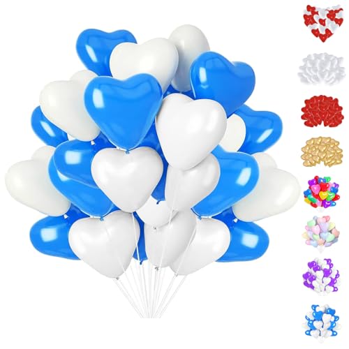 YOUYIKE 50 Pcs Herzluftballons Blau Weiß, 12 Zoll Herzluftballons, Latex Herz Ballon, Herz Helium Ballons, Herzluftballons Hochzeit für Hochzeits Brautdusche Valentinstag Geburtstags Verlobung Party von YOUYIKE